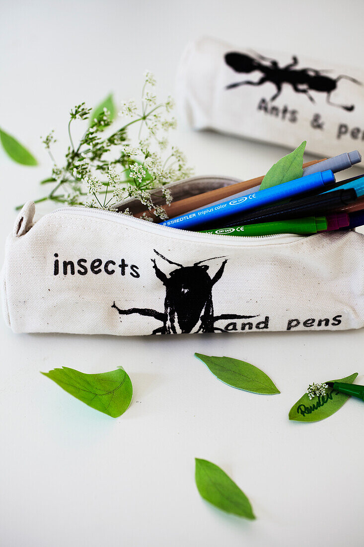 Pencil case with insect motif