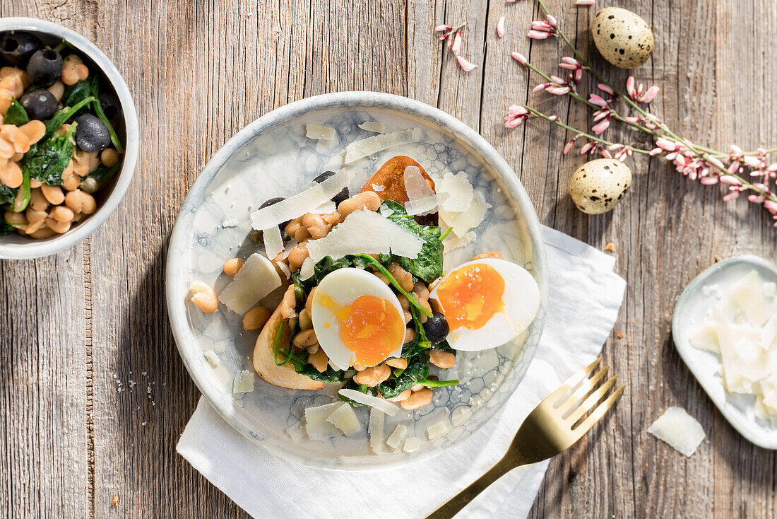 White beans with sage, spinach, 5-minute egg and parmesan