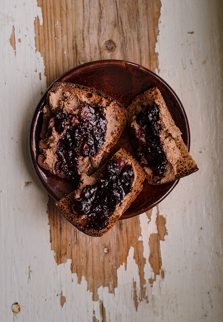 Chicken liver pate and black currant jam toasts