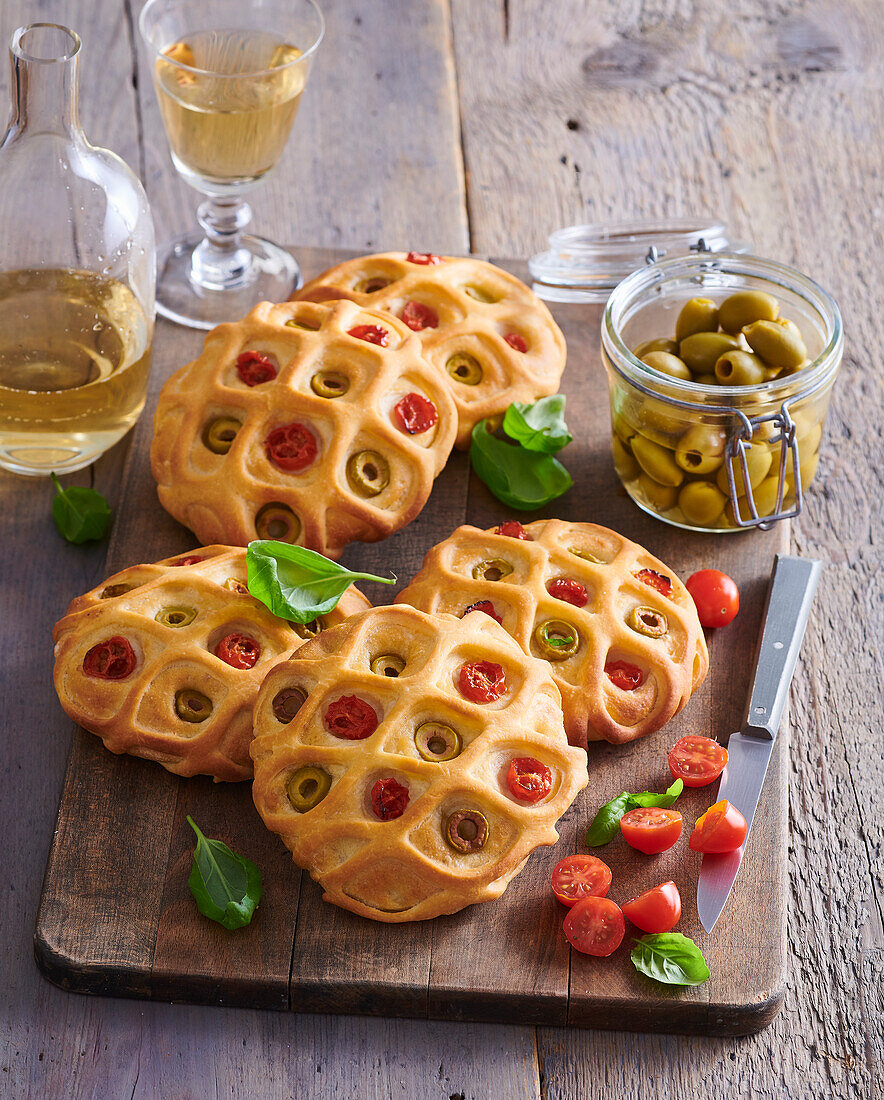 Focaccia with tomatoes and olives