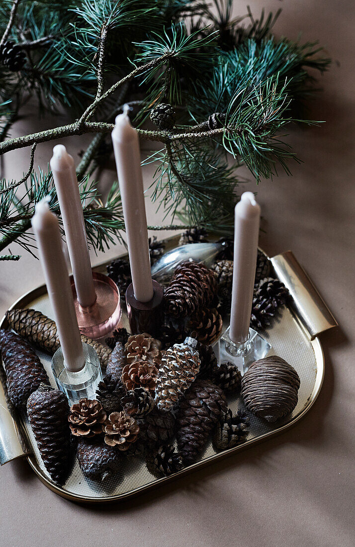 Tray with cones and candles