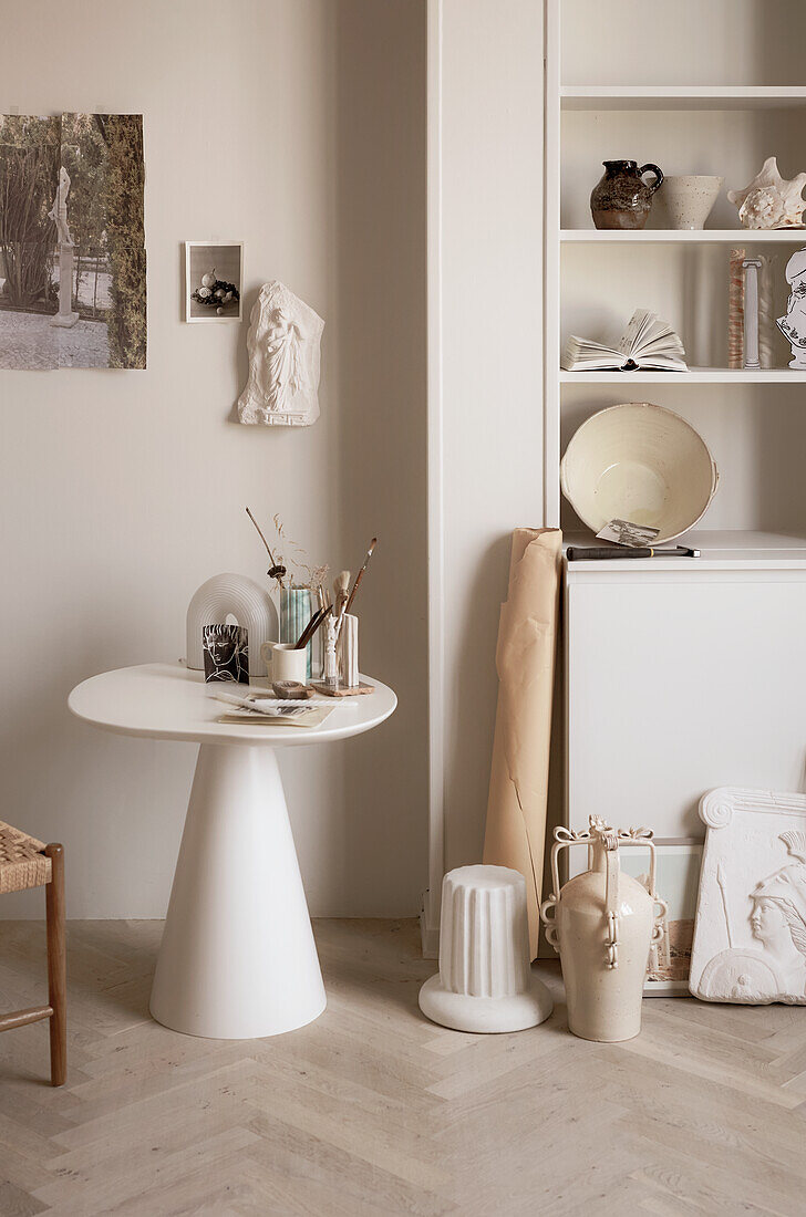 Round table and shelf with antique, Greek home decor