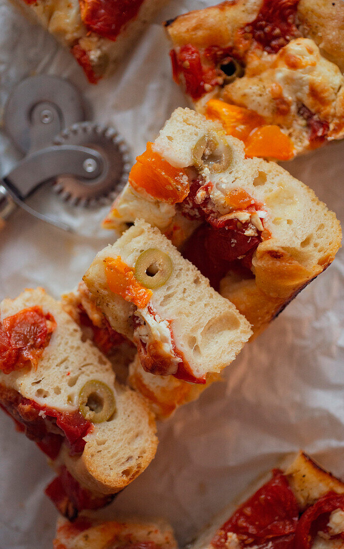 Focaccia with tomatoes and olives