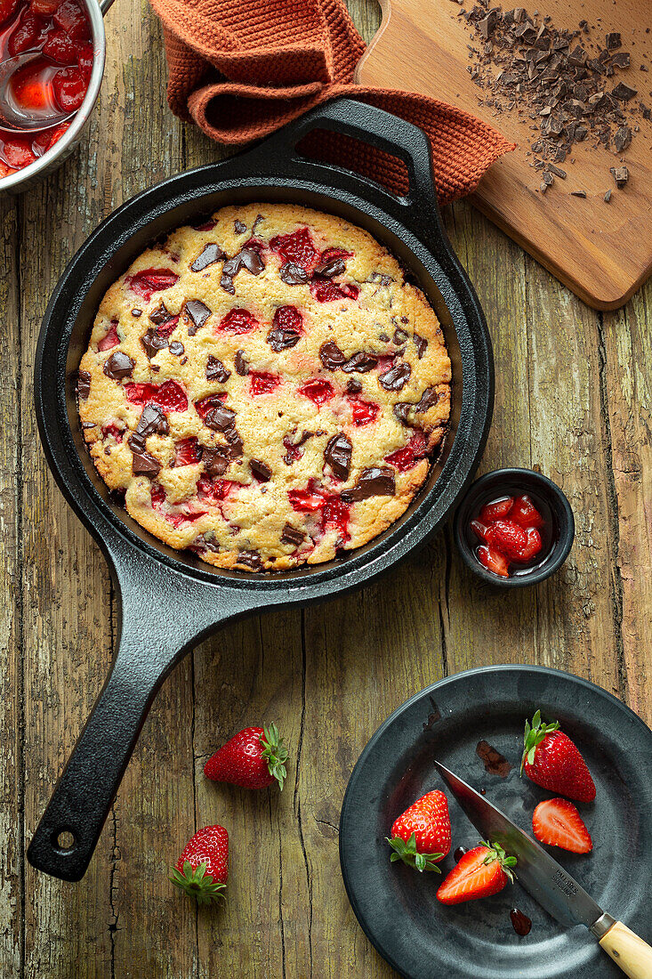 Skillet Cake mit Erdbeeren und Schokolade