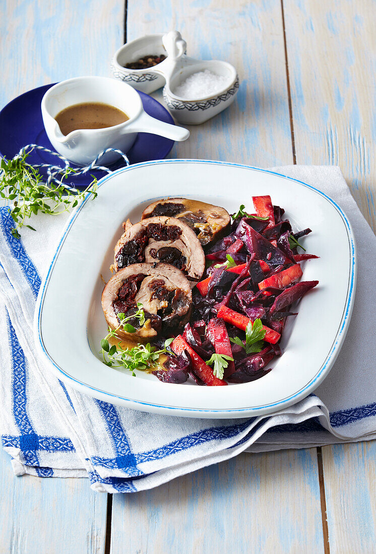 Turkey roll with dried plums and red cabbage