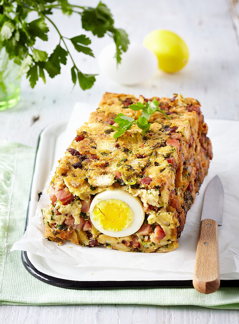 Easter bread pudding with boiled eggs