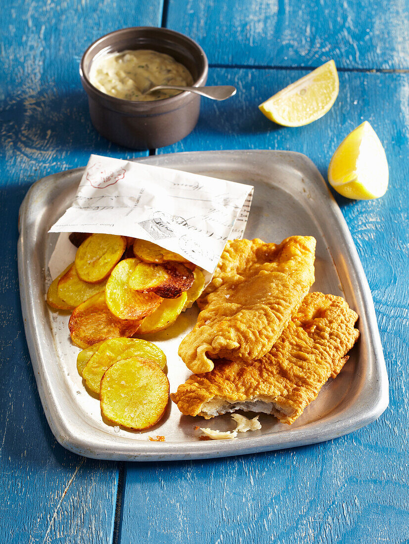 Fischschnitzel mit selbstgemachten Kartoffelchips und hausgemachter Mayonnaise