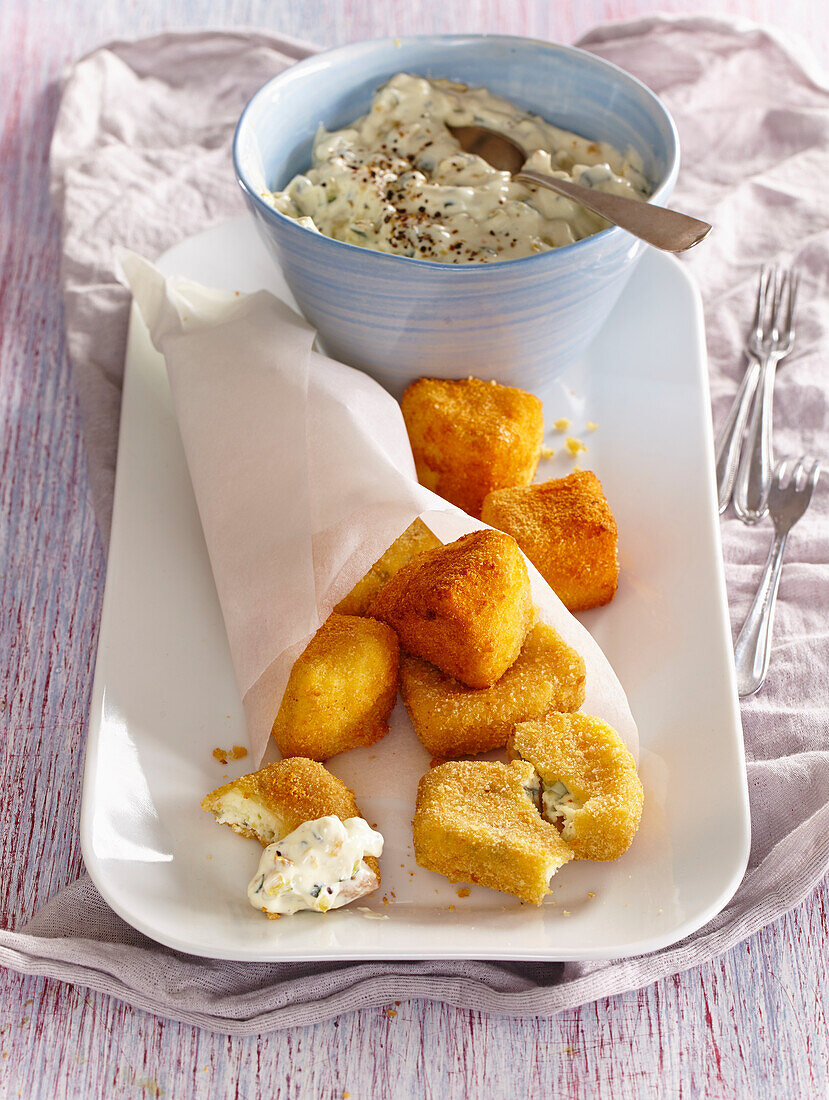 Small cheese bites au gratin with zucchini dip