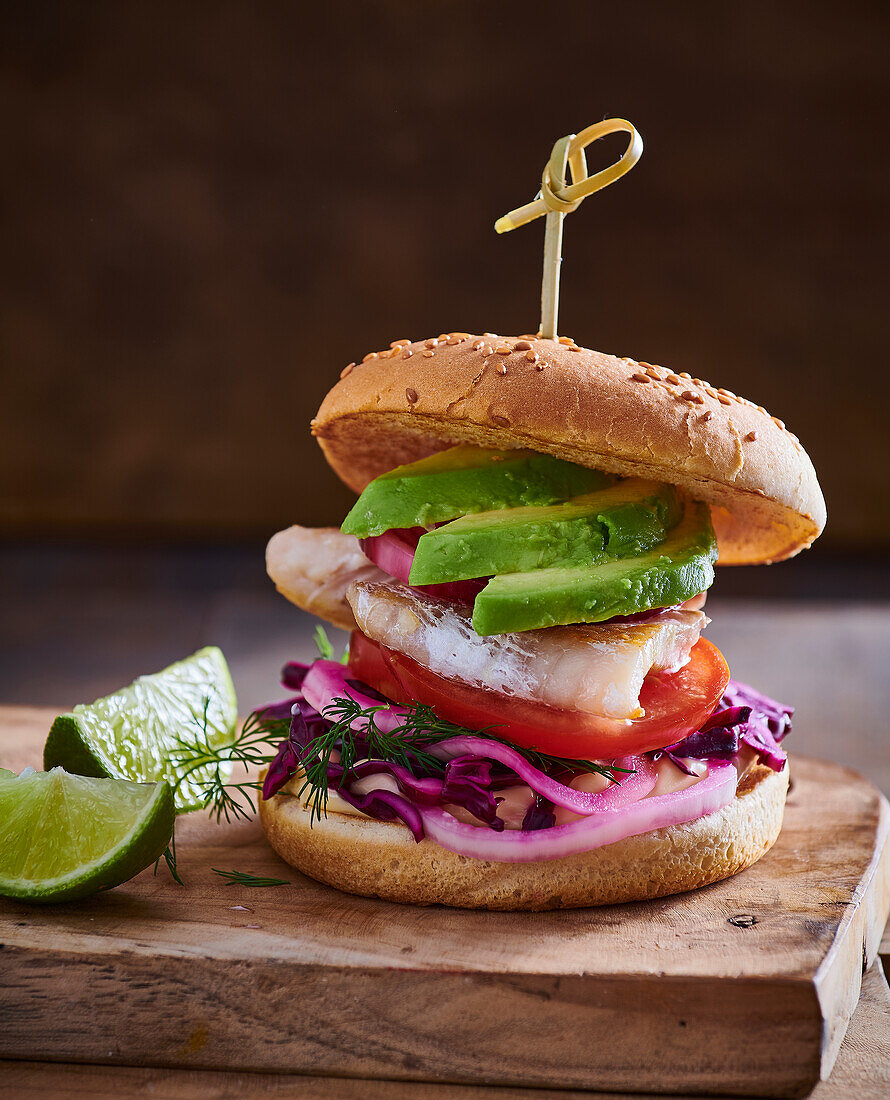 Fish burger with red cabbage
