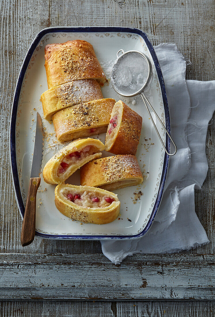 Pear strudel with pomegranate seeds