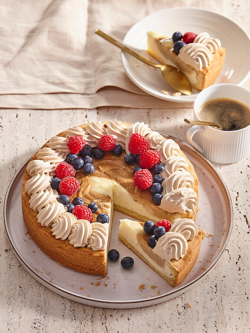 Curd cake with fruits and coffee cream