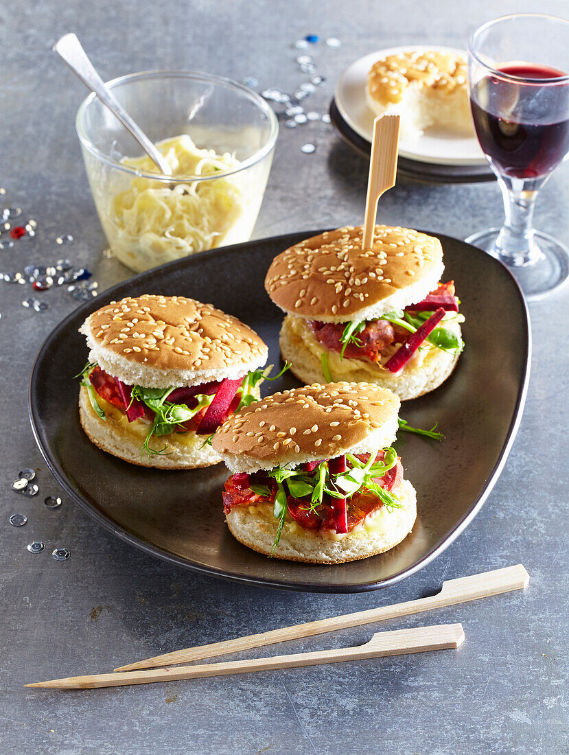 Burger with horseradish cream, beets, and chorizo