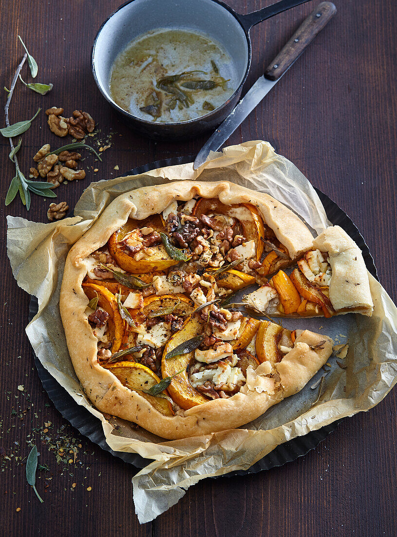 Wholemeal galette with pumpkin, feta cheese and nuts