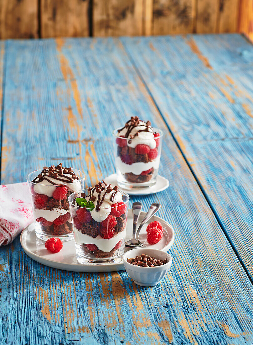 Brownies dessert with raspberries