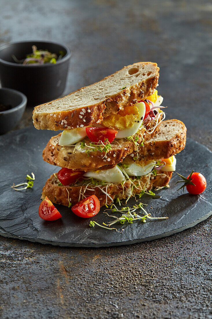 Sandwich with boiled egg, tomatoes, and sprouts