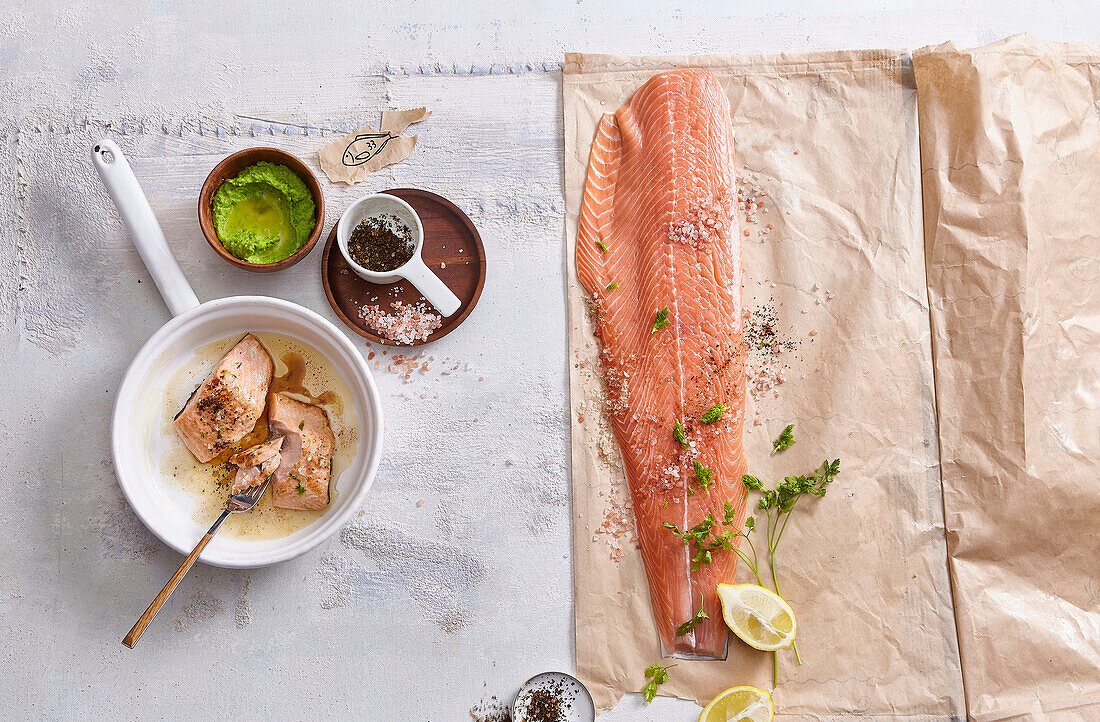 Salmon steak with pea puree