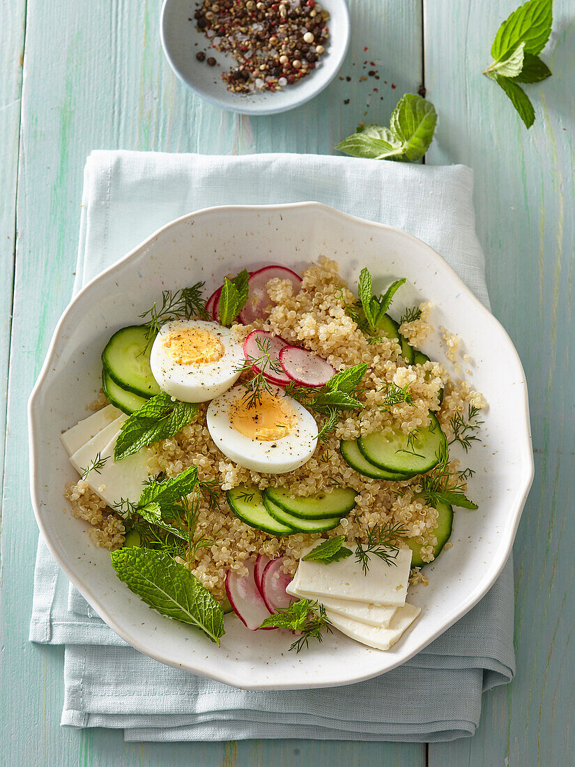 Salad with quinoa, eggs, dill and mint