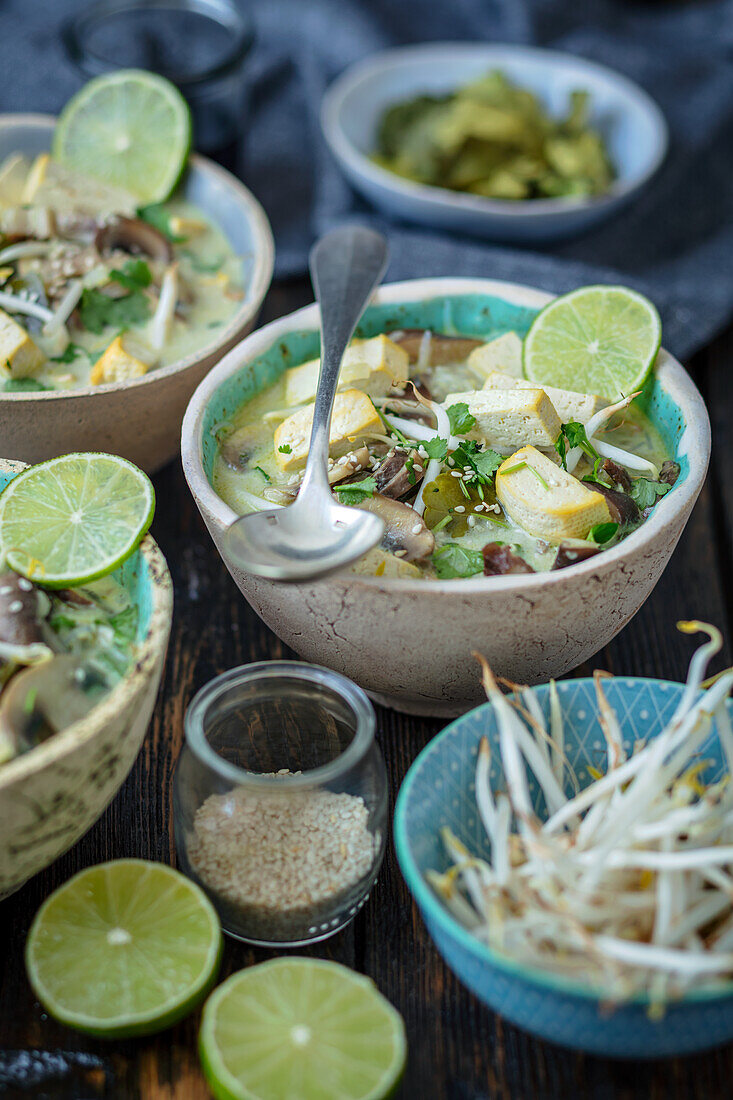 Kokossuppe mit Tofu, Pilzen und Sprossen