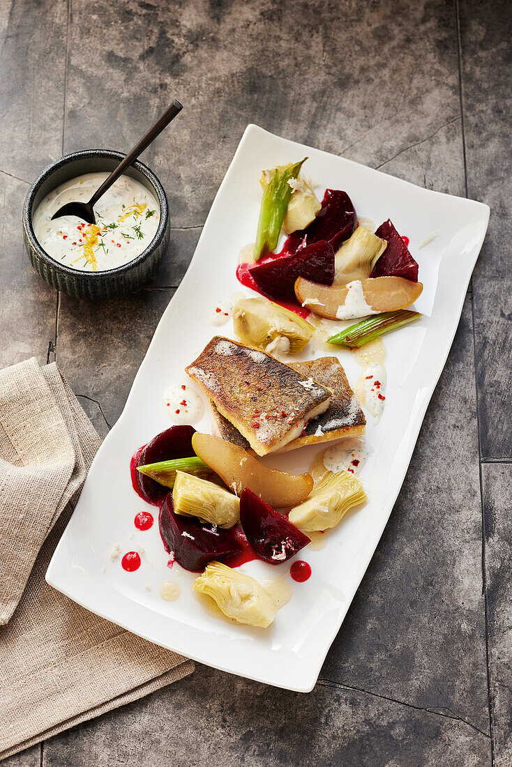 Fried trout with beetroot and horseradish sauce