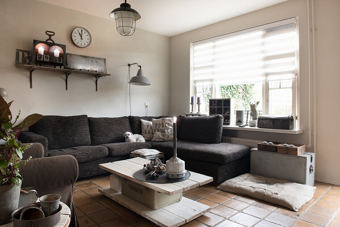 Brown sectional corner sofa, weathered shelf above, and DIY coffee table