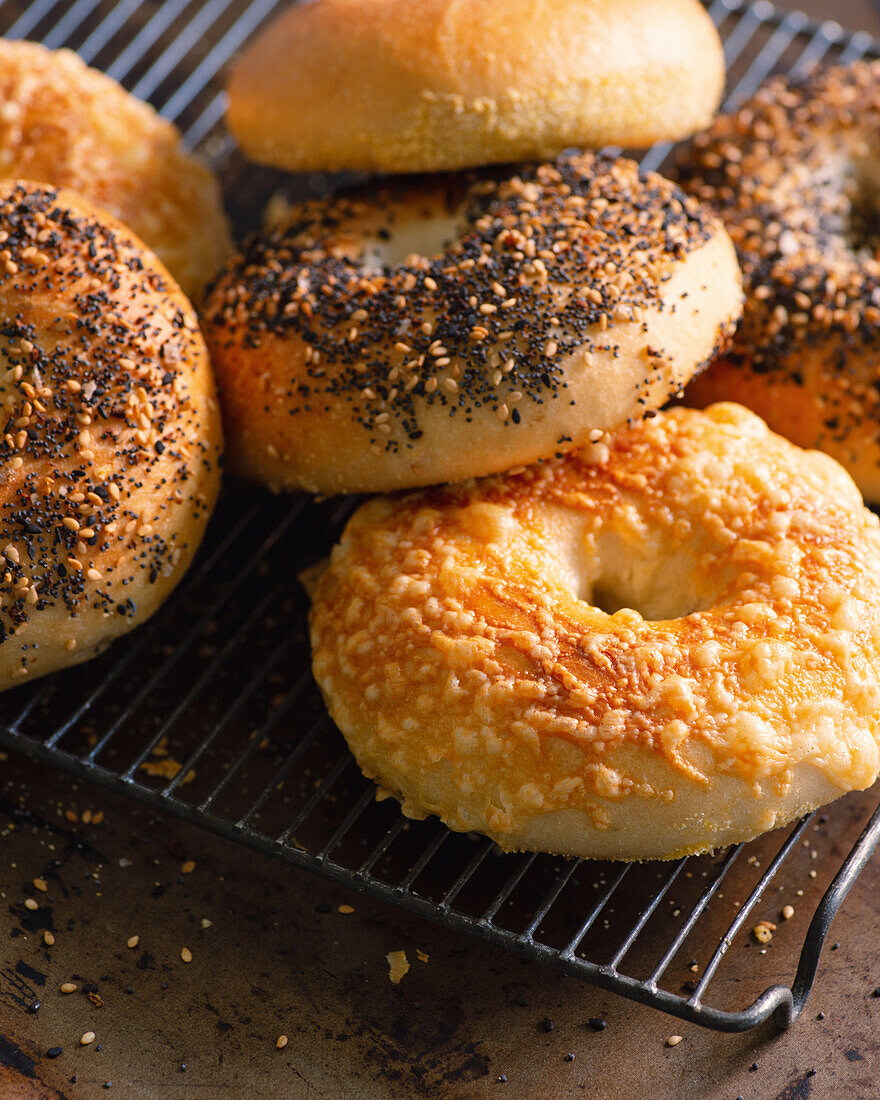 Bagels with cheese, poppyseeds and sesame seeds