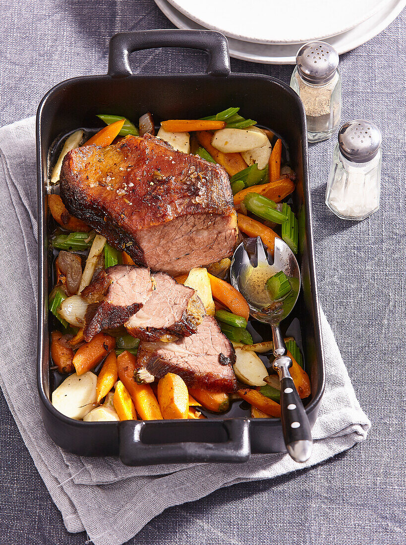 Beef brisket with maple syrup and vegetables