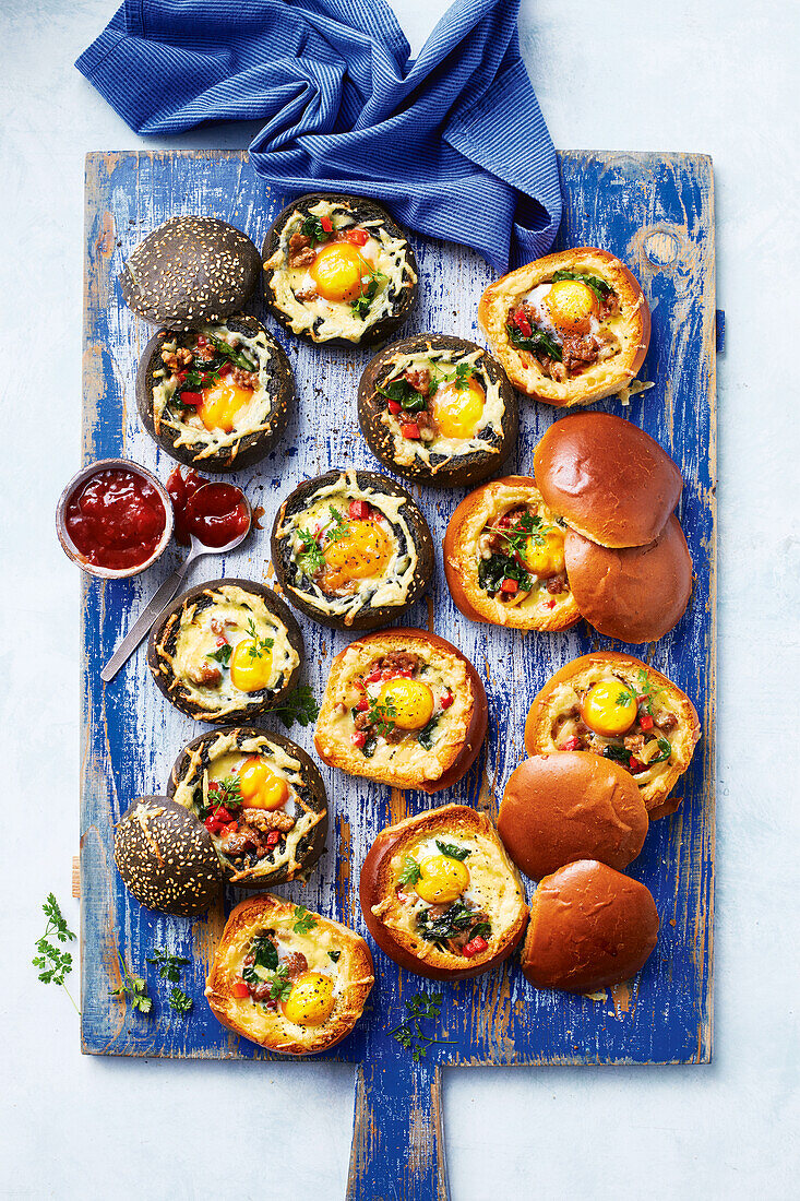 Baked burger buns with a vegetables and eggs