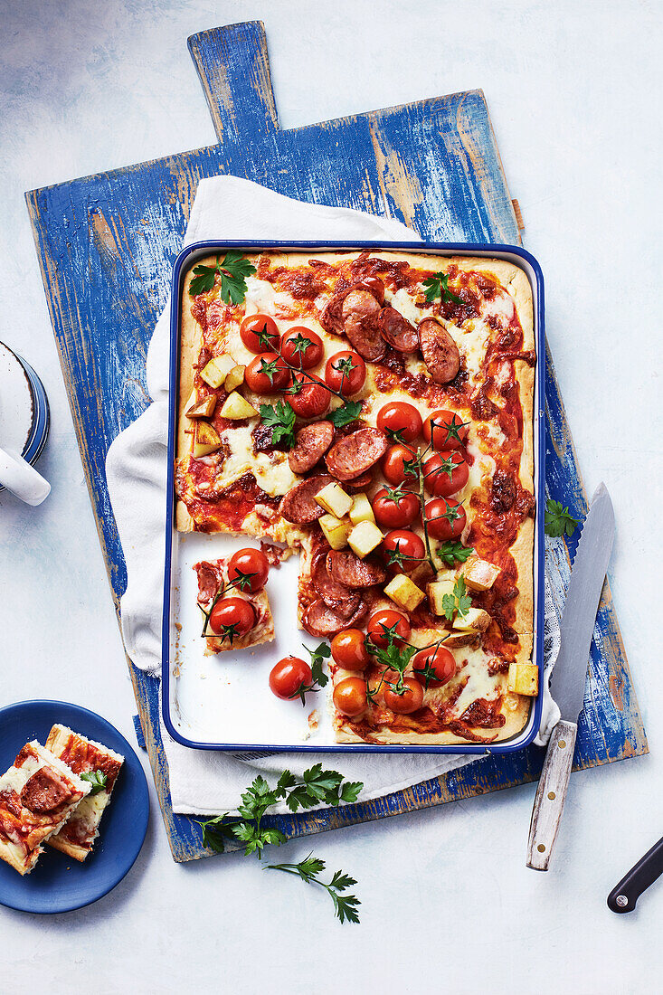 Crispy chorizo and potato pizza slab