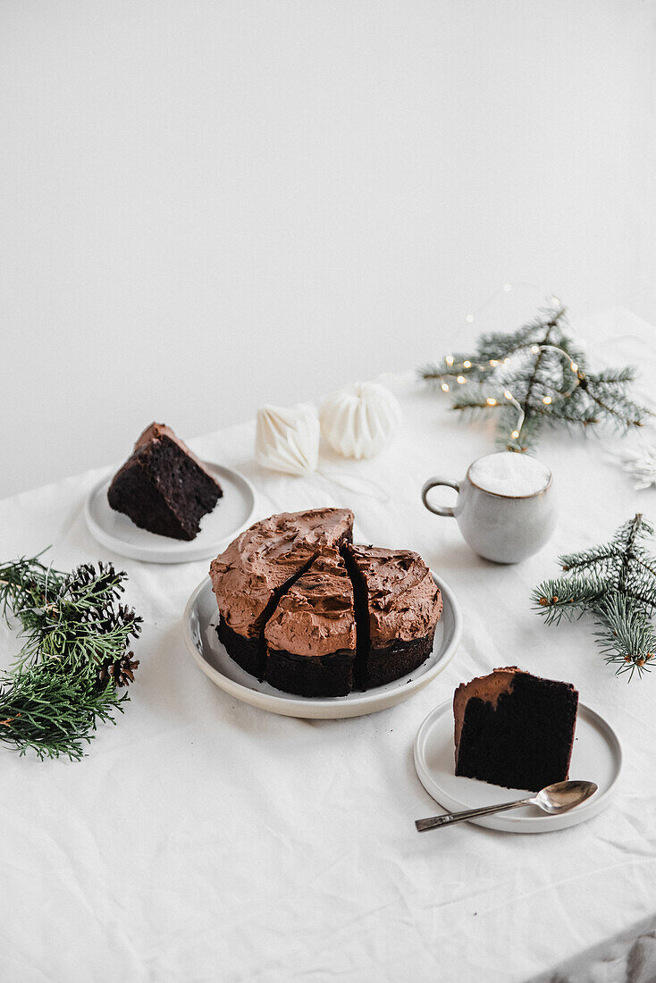 Christmas chocolate cake with chocolate cream