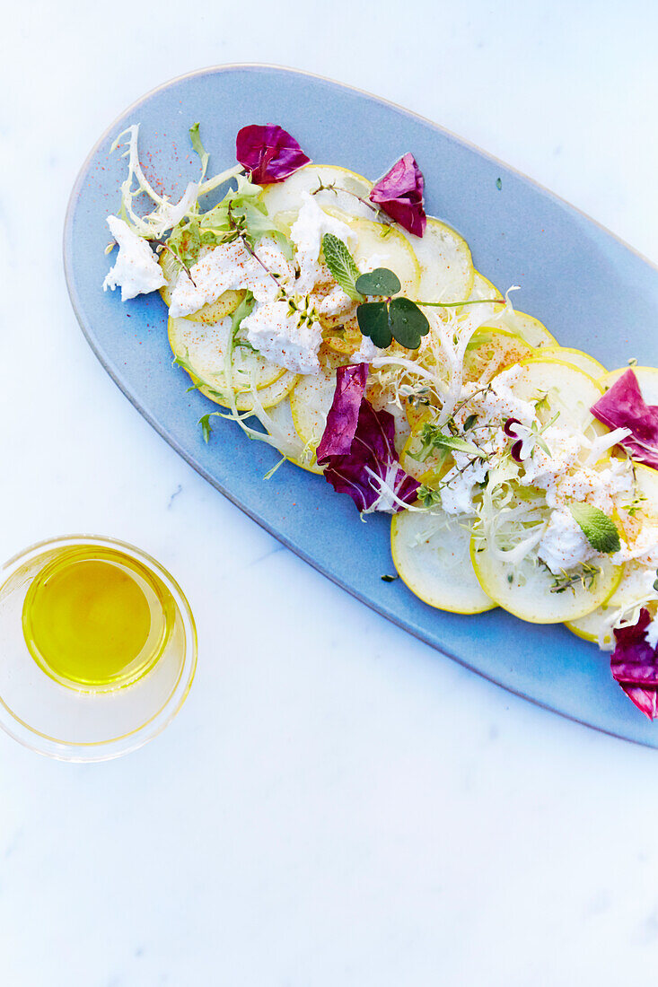 Summer squash carpaccio with mozzarella