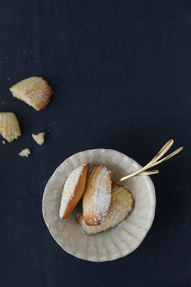 Madeleines mit Puderzucker auf dunklem Untergrund