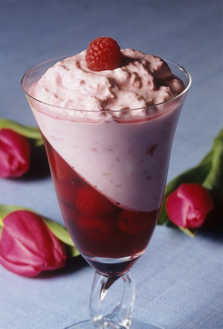 Layered raspberry sundae with raspberry mousse & jelly