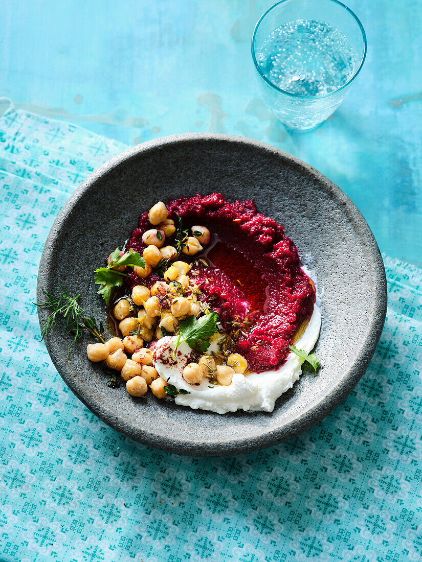 Oriental beetroot puree with chickpeas and labneh