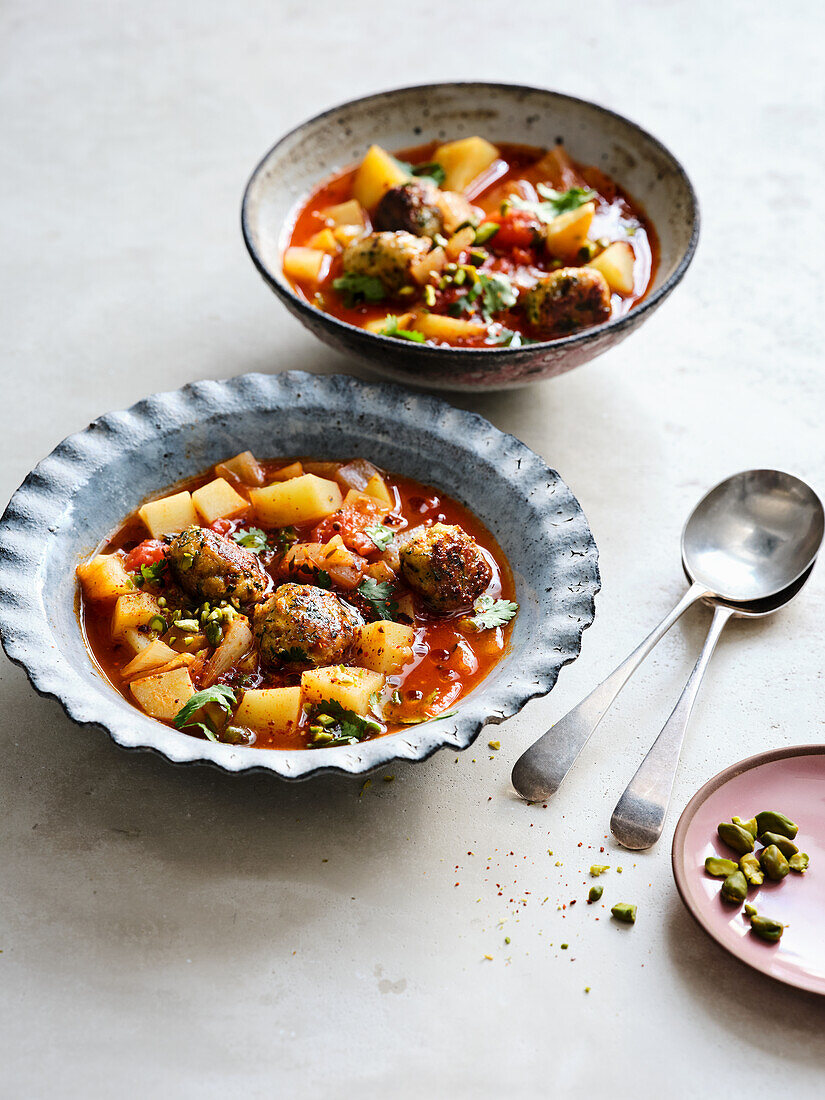 Oriental tomato and potato soup with fish balls