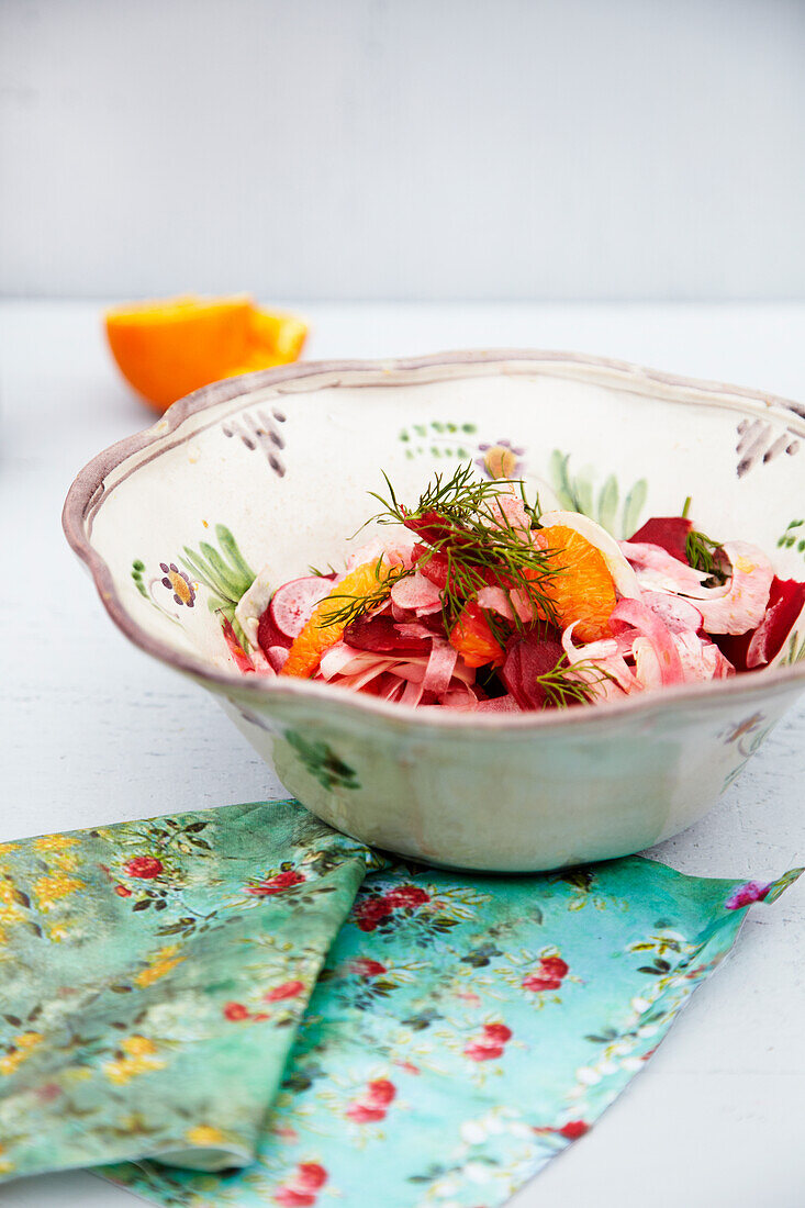 Orange salad with beets, radish, fennel, and dill