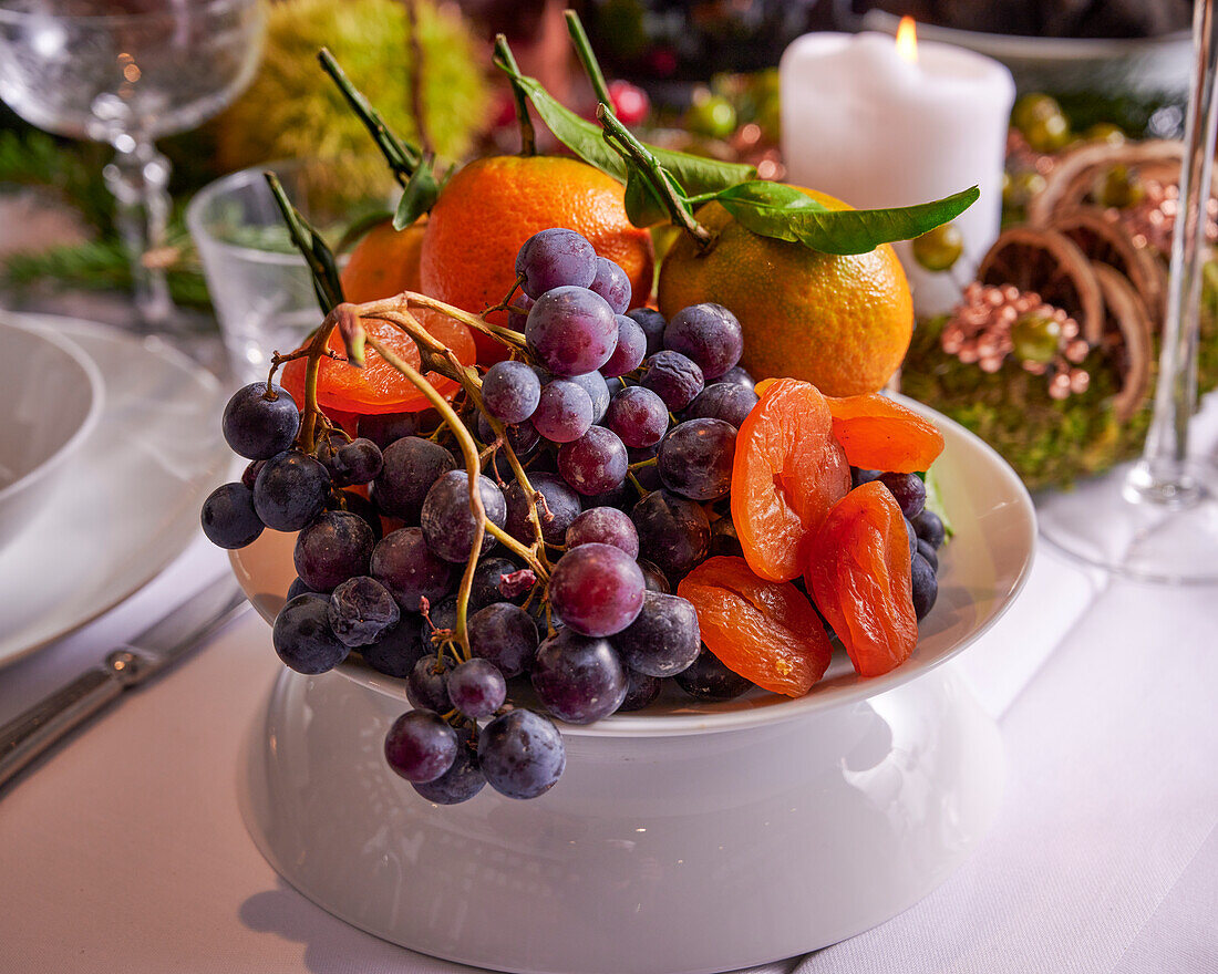 Obstschale mit Weintrauben, getrocknete Aprikosen und Mandarinen