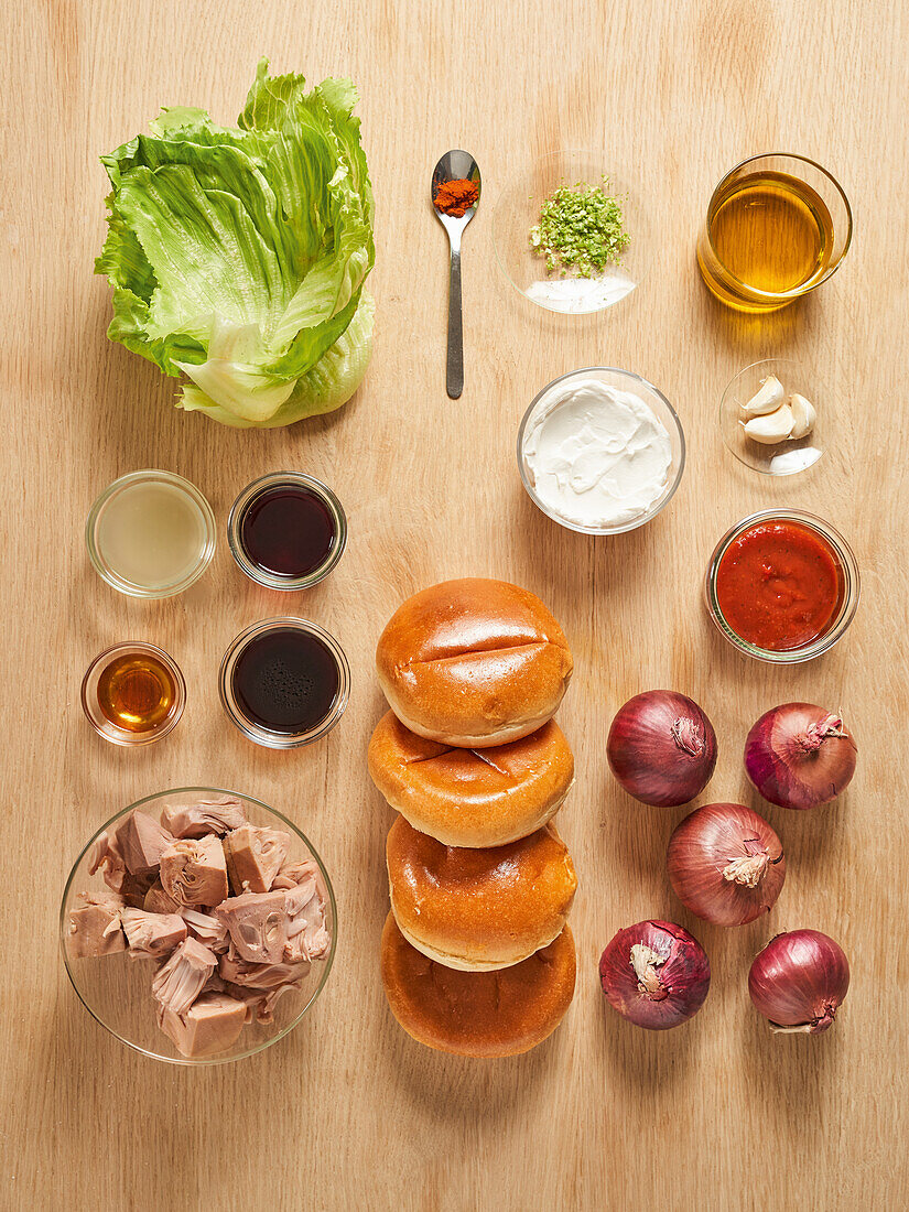 Ingredients for jackfruit burger with braised onions