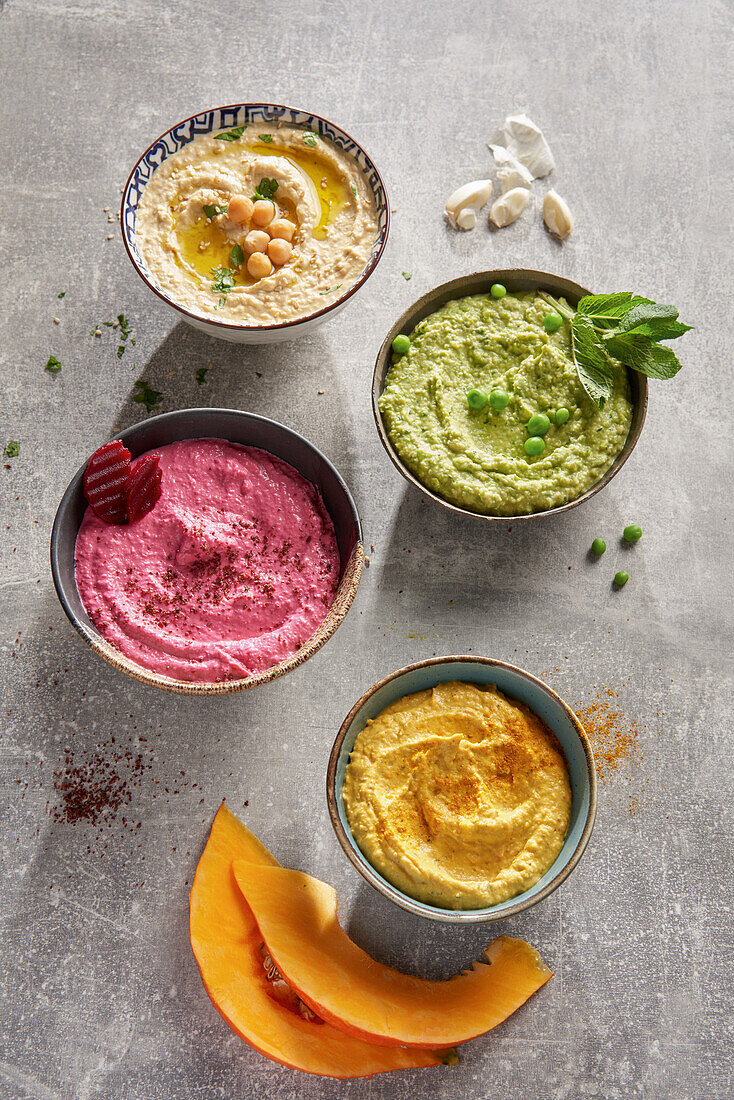 A selection of vegan hummus