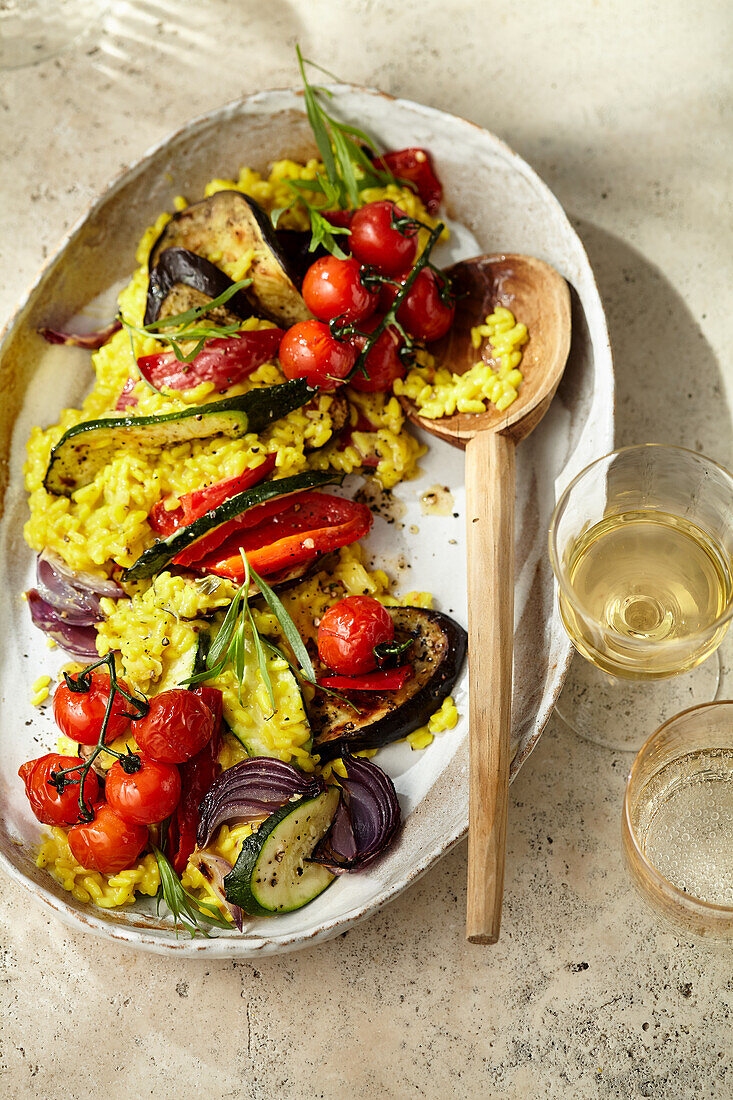 Saffron risotto with oven-roasted vegetables