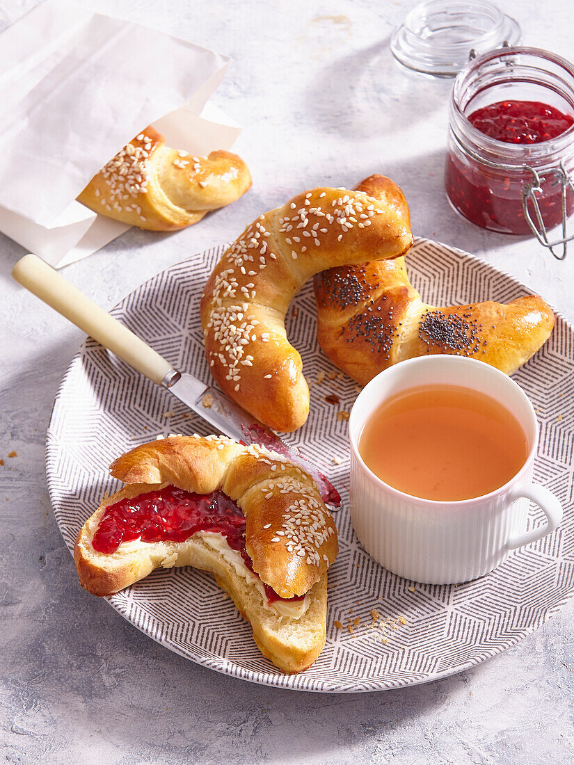 Homemade sweet poppy and sesame croissants