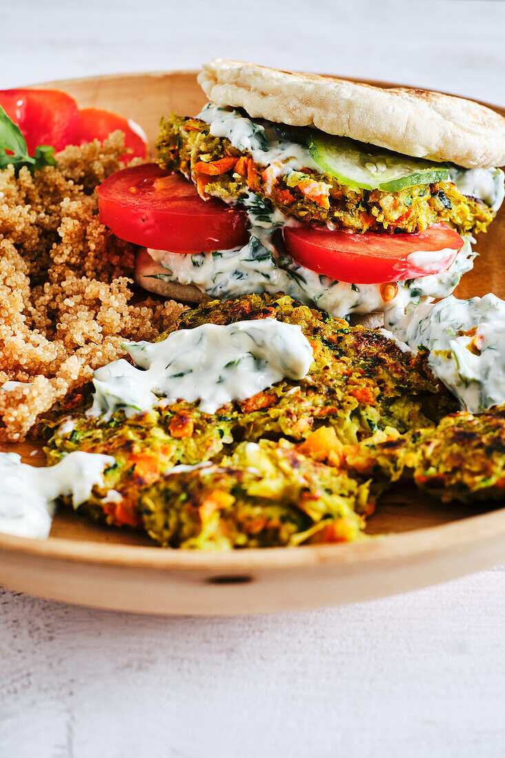 Vegan courgette burger with amaranth and spelt flatbread