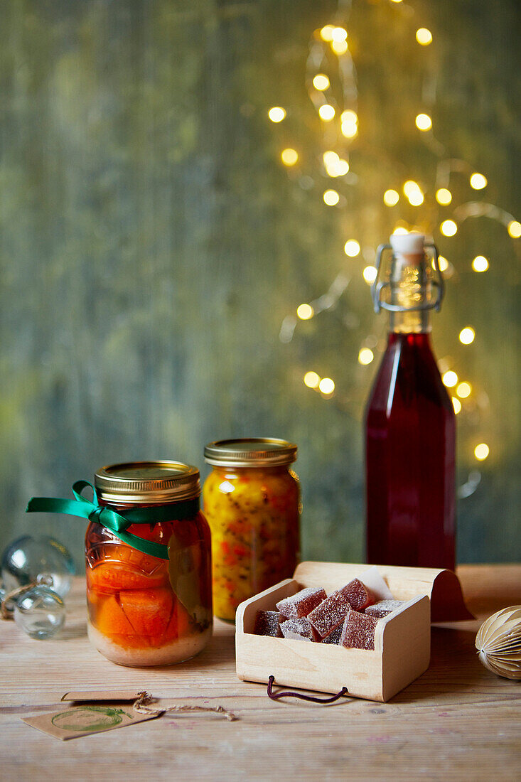 Preserved clementines, piccalilli, mulled blackberry bay gin, mulled pear fruit sweets