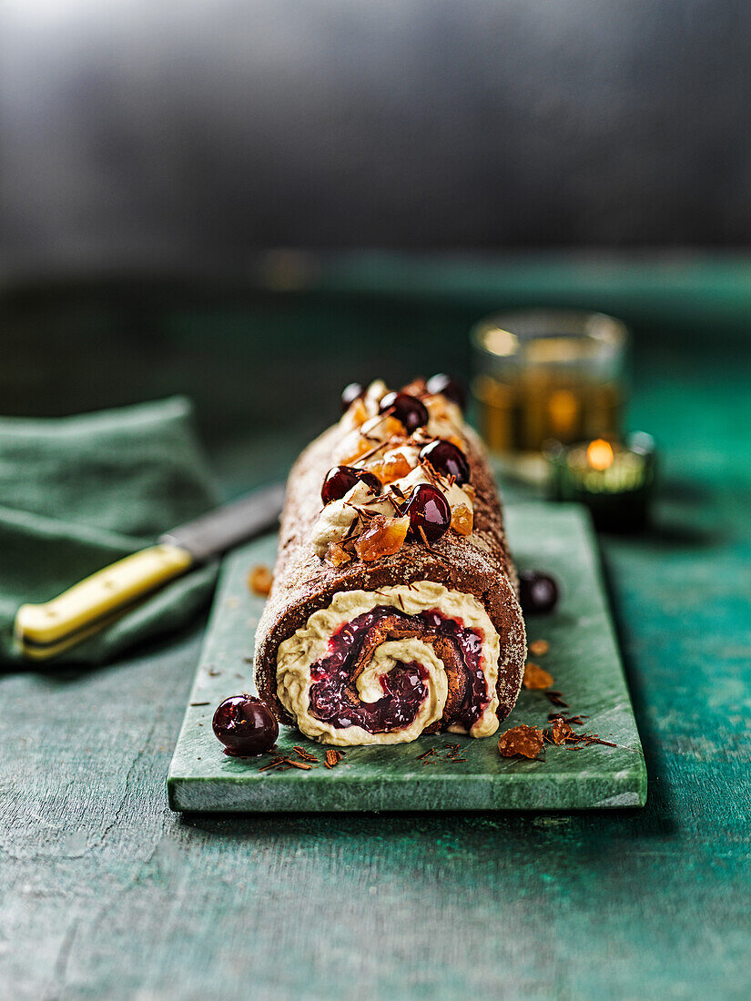 Chocolate chestnut and cherry roulade