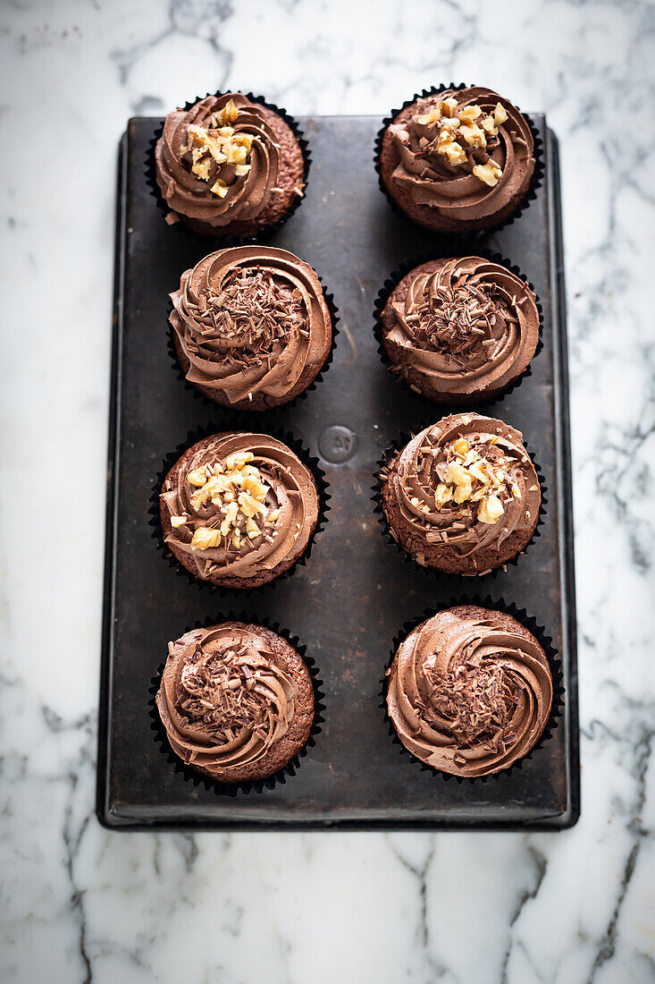 chocolate cupcakes in a tin