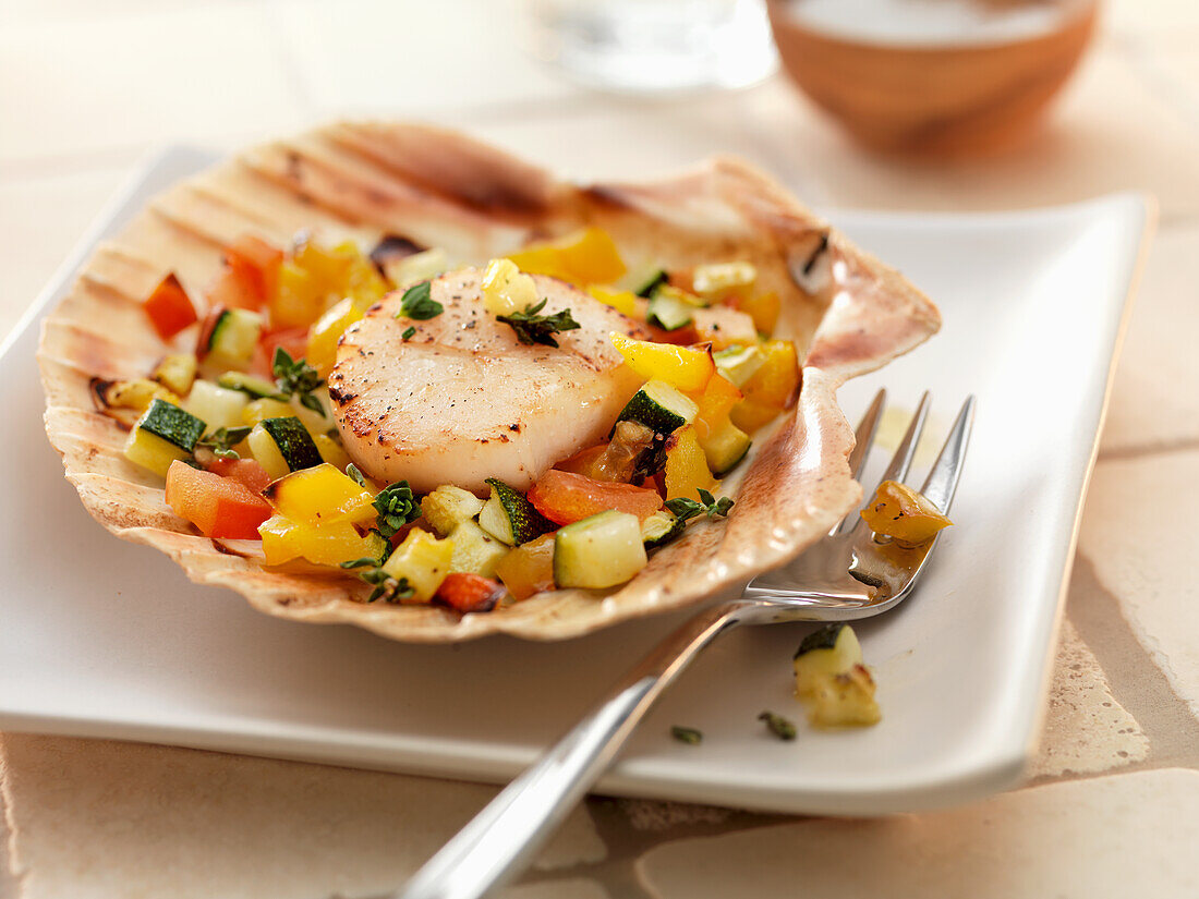 Scallop with vegetable salsa served in a shell