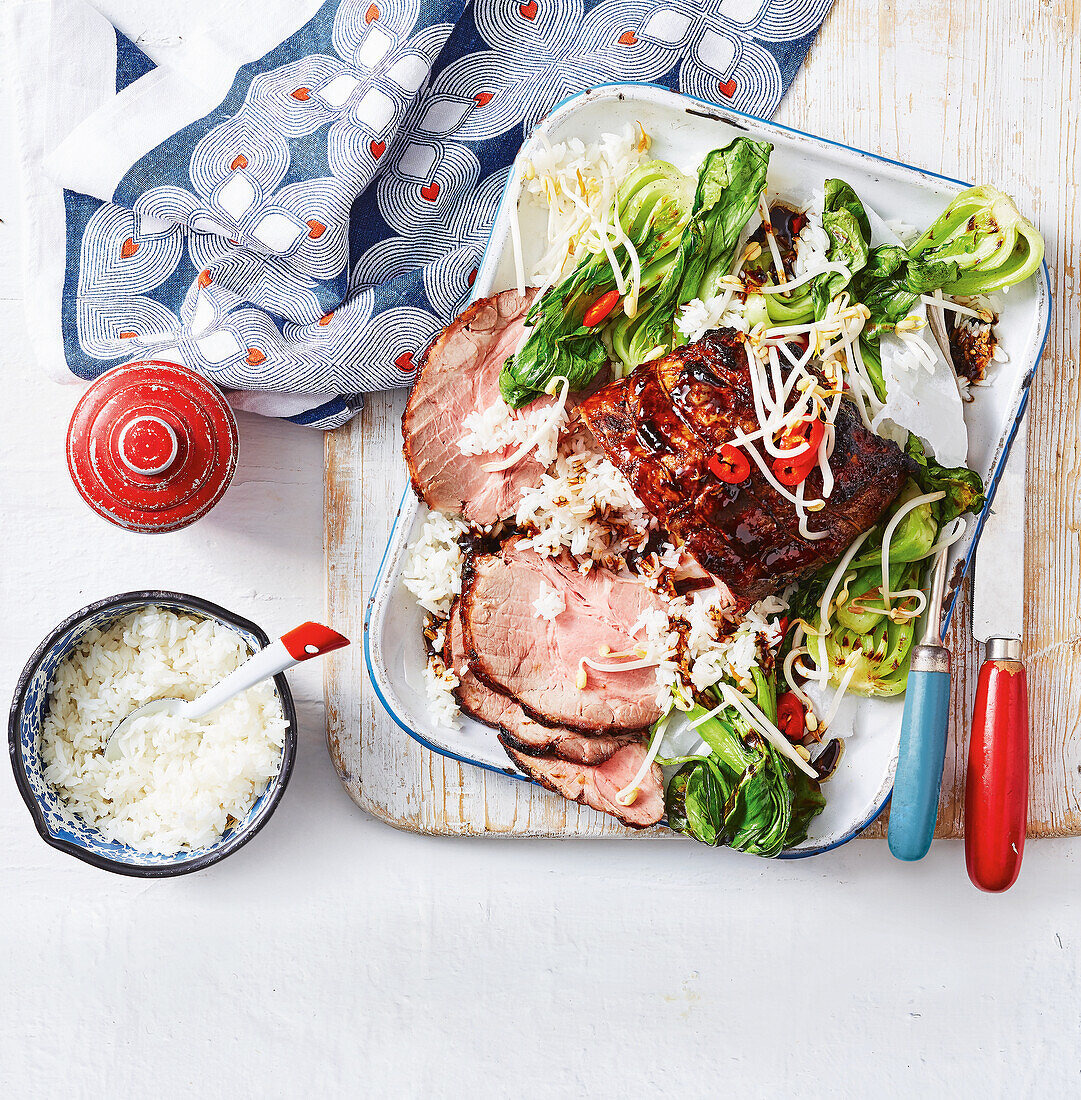 Roast pork with barbecued Asian greens