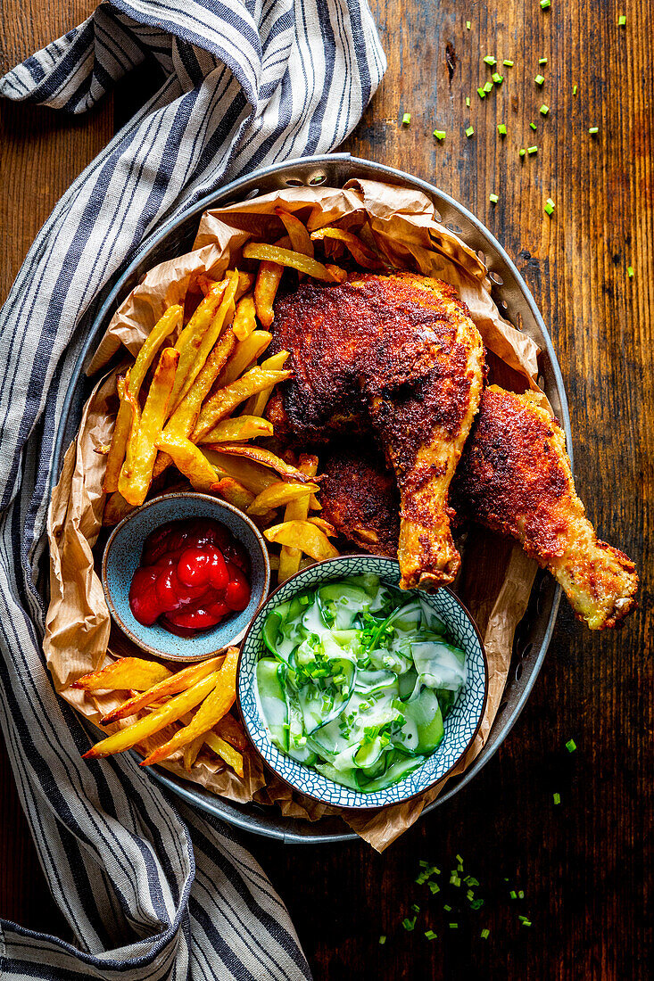 Fried chicken with french fries and creamy cucumber salad