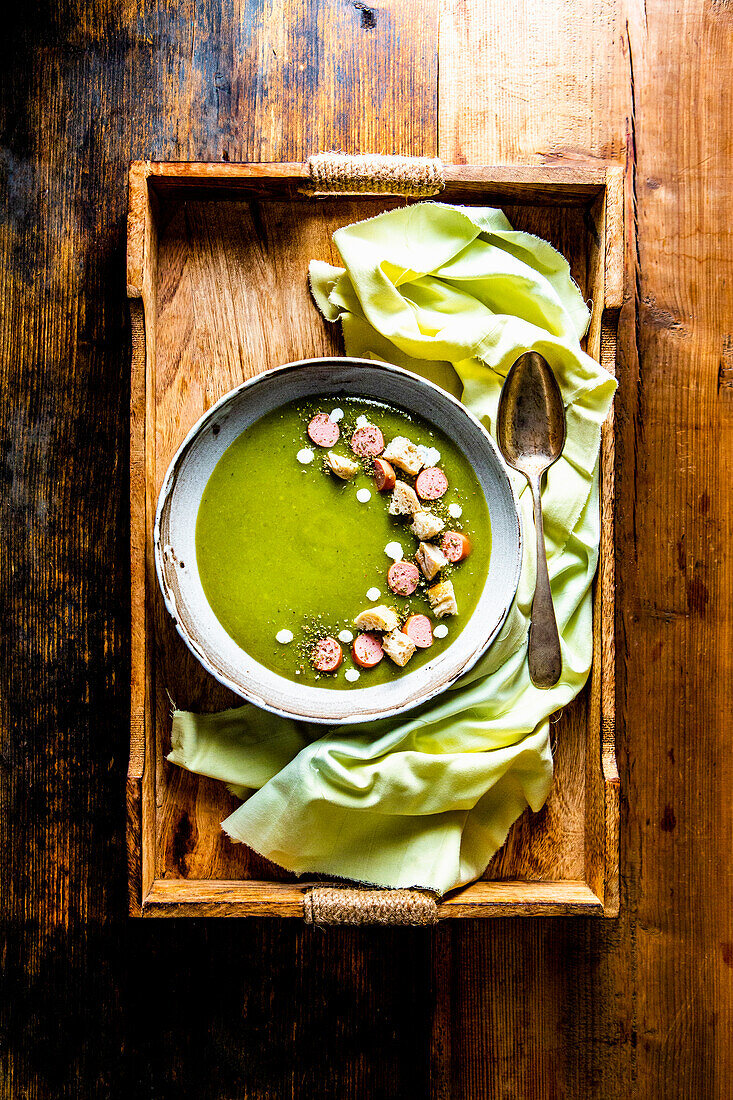 Potato and leek soup with Vienna sausages