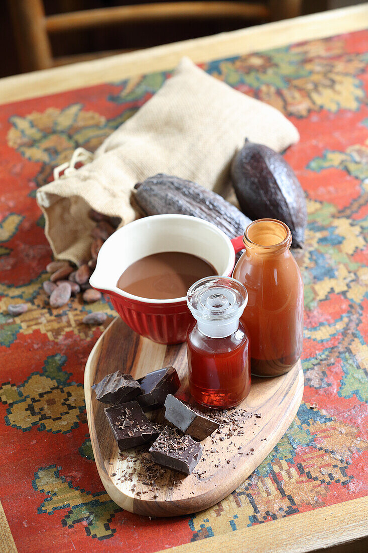 Ingredients for a winter drink (red wine, cocoa and chocolate)