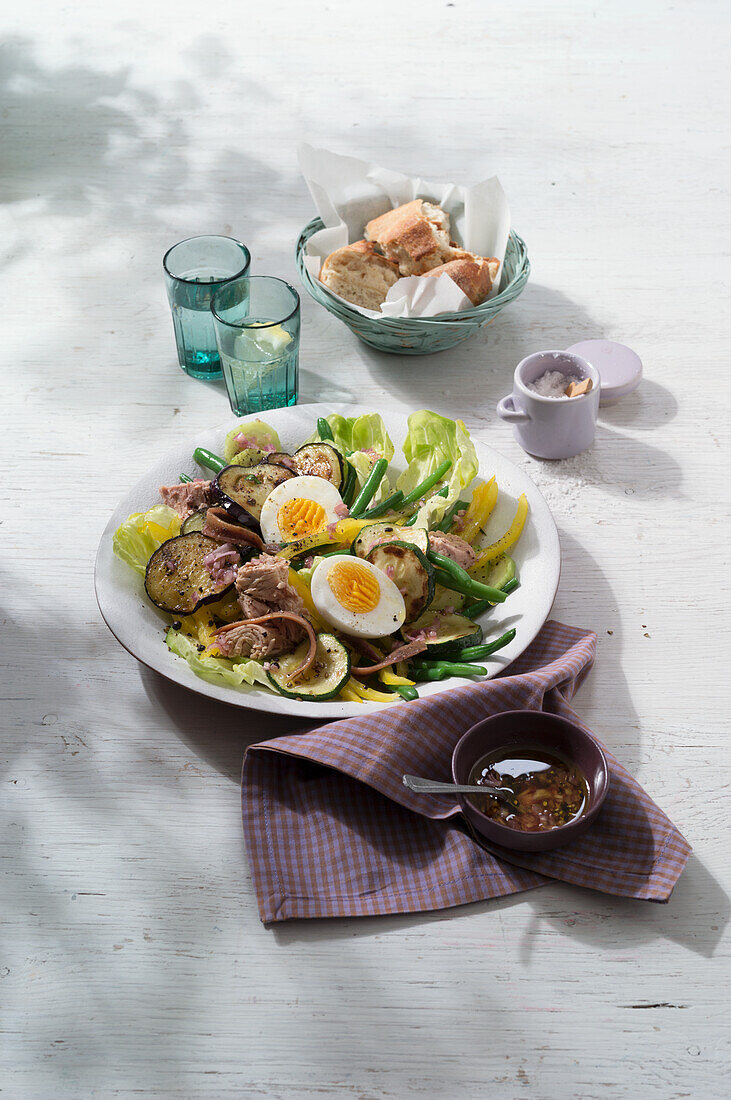 Nicoise Salad with eggplant, tuna, and egg